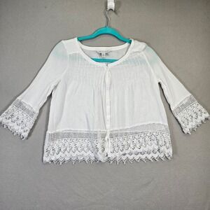 American Eagle Outfitters White Lace‎ Trim Button Front 3/4 Sleeve Bohemian Top
